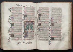 O Missal de Gotha: Fol. 117v, São Pedro amarrado de cabeça para baixo à cruz, c. 1375.