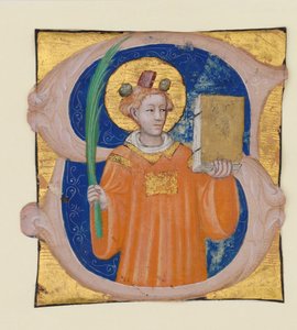 Iluminação Manuscrito com Santo Estêvão em S inicial, de um Antifonário, italiano, ca. 1410-2