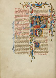 A Adoração dos Magos; Inicial E: Portadores de Espadas de Master of the Brussels Initials