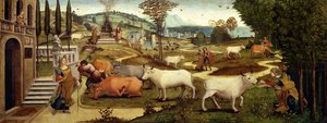 As Paixões de Pasiphae, esposa do Rei Minos de Creta, da História de Teseu (óleo sobre painel) de Master of the Campana Cassoni