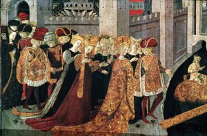 Decameron de Boccaccio (Jean Boccaccio): o Chatelain Pericone recebe Alatiel, filha do sultão da Babilónia Beminedab e a sua suite na ilha de Maiorca (Pericone da Visalgo recebe Alatiel, filha de Beminedab, o sultão da Babilónia, em hi de Master of the Cassoni
