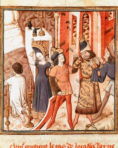 Lenda de Jocaste, Rainha de Tebas. Édipo, cego, depois de ter realizado para matar seu próprio pai a Miniatura do Mestre do Campeão das Senhoras (século XV) do manuscrito "Des hommes illustres" de Giovanni Boccaccio (Jean Boccaccio) (1313-1375). 15 de Master of the Champion des Dames