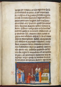 Algodão Tibério B. VIII f.49v O Arcebispo de Reims devolvendo a espada ao Rei, ilustração de 