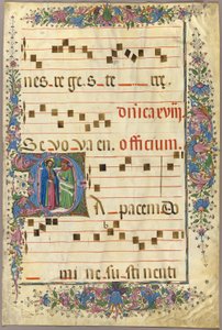 Página de um livro do coro com Cristo e um fariseu num "D" inicial Historiado