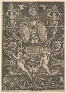 Um painel de ornamento, putti de pé sobre cornucópia na secção inferior, 1530-60. de Master of the Die