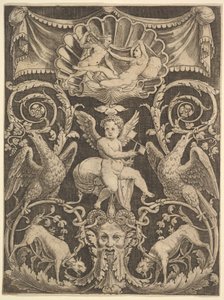Um painel de ornamento com um putto no centro segurando um moinho de vento, 1532. de Master of the Die
