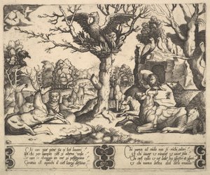 Uma fênix sentada em cima de uma árvore, asas abertas, um sortimento de animais abaixo, 1530-60.
