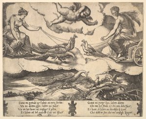 Alegoria de Casamento e Amor, Juno numa carruagem desenhada por pavões à esquerda, Vénus numa ..., 1530-60.