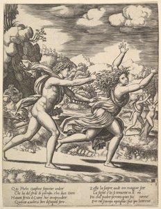 Apollo a perseguir a Daphne que levanta os braços, no fundo à direita mostra o mome..., 1530-60.