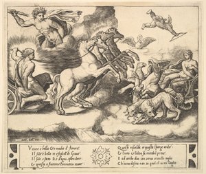 Apolo na sua carruagem puxada a cavalo à esquerda, acima dele acima de Júpiter lança um trovão..., 1530-60.