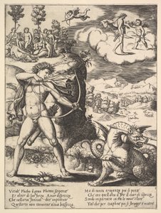 Apollo à esquerda atirando uma pitão com uma seta, acima à esquerda está a musa..., 1530-60.