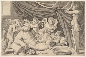 Baco cercado por Putti, uma estátua de Priapus à direita, 1530-60.