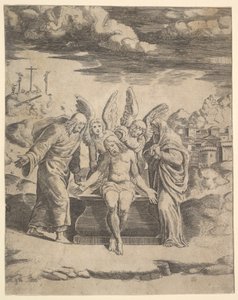Cristo sentado no túmulo apoiado por anjos, 1530-60. de Master of the Die