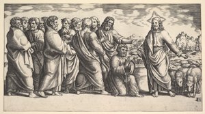 Cristo à esquerda indicando para um rebanho de ovelhas, antes que se ajoelhe São Pedro Hol..., 1530-60. de Master of the Die