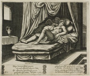Cupido e Psique juntos na cama nupcial de Master of the Die