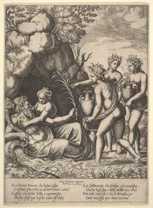 Daphne abraçando o seu pai, o deus-rio Peneus, à esquerda três ninfas trazem frascos ..., 1530-60.