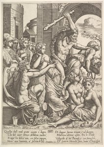 Inveja ou Avareza à direita sendo expulso do templo das Musas por Hércules que ..., 1530-60. de Master of the Die