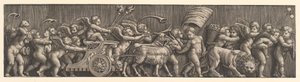 Arranjo de friso representando o triunfo do amor, Cupido em uma carruagem liderada por cabras, homem..., 1530-60. de Master of the Die