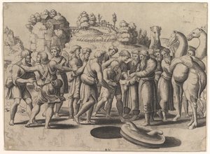 José no centro sendo vendido por seus irmãos em pé acima de um poço, camelos à direita, 1533. de Master of the Die
