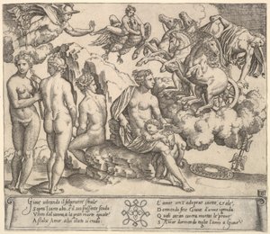 Júpiter a cair de uma carruagem puxada por cavalos à direita, Ganímedes em forma de águia..., 1530-60. de Master of the Die
