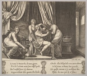 Placa 10: ninfas ajudando Psyche a vestir o cabelo, de "The Fable of Psyche", 1530-60. de Master of the Die
