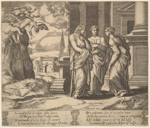 Placa 15: Psyche relacionando seus infortúnios com suas irmãs, de The Fable of Psyche, 1530-60. de Master of the Die