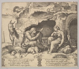 Prato 1: Apuleius transformou-se num burro a ouvir a história contada pela velha mulher sp..., 1520-70. de Master of the Die