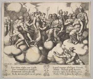 Prato 30: Vénus e Cupido a defenderem o seu caso na presença de Júpiter e de outros deuses, 1530-60. de Master of the Die
