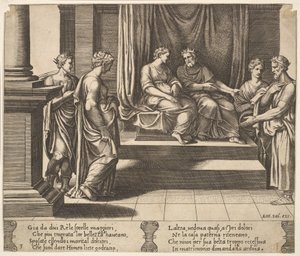 Placa 3: As duas irmãs de Psyche são casadas com reis, de "The Fable of Psyche", 1530-60. de Master of the Die