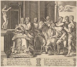 Placa 4: O pai de Psyche consultando o oráculo, de "The Fable of Psyche", 1530-60. de Master of the Die