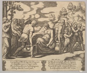 Placa 5: Psyche carregada numa ninhada para uma montanha, de "The Fable of Psyche", 1530-60. de Master of the Die