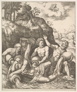 Deuses do rio consolando Peneus pela perda de sua filha, Daphne de "A História de Apo..., 1530-60".