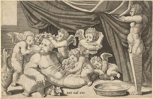 Speculum Romanae Magnificentiae: Bacchus rodeado por Putti com Priapus segurando..., século XVI. de Master of the Die