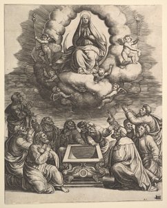 A Assunção da Virgem, abaixo dos apóstolos cercam o túmulo, 1530-60. de Master of the Die