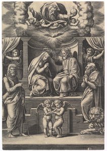 A Coroação da Virgem, em baixo à esquerda fica São João Baptista, em baixo à direita ..., 1530-60. de Master of the Die