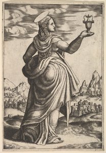 A Madalena em pé de frente para a direita, jarra segurada em sua mão direita levantada, 1530-60. de Master of the Die
