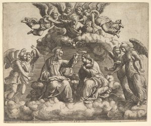 A coroação da Virgem, Cristo segurando a coroa sobre sua cabeça, Deus Pai abençoe..., 1532. de Master of the Die