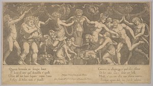 O sacrifício a Priapus que está na forma de uma estátua no centro, Baco e uma sa..., 1530-60.
