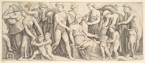 O casamento de Jason e Creusa, à esquerda Medea leva seus filhos, 1530-60. de Master of the Die