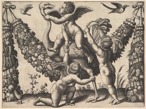 Três putti perante uma grande grinalda, o do meio monta uma avestruz, de um ..., ca. 1530-40. de Master of the Die