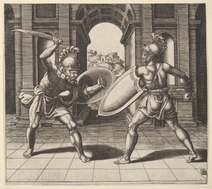 Dois gladiadores lutando na frente de um arco, 1530-60. de Master of the Die