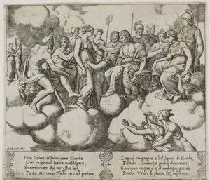 Vênus e Cupido pleiteando sua causa na presença de Júpiter e outros deuses de Master of the Die