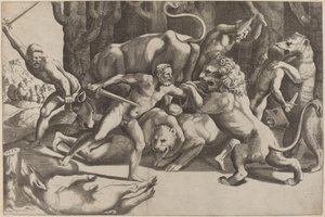 Cinco homens lutando contra feras de Master of the Die after Giulio Romano