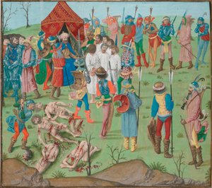 Consequência da batalha de Nicopol O massacre dos cristãos como vingança pelo massacre de Rahova. Jean Froissart, Crónicas, Flandres, Bruges