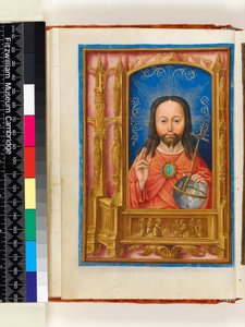 Manuscrito Iluminado. Livro de horas, folha 13 verso: fácies de Salve sancta, Cristo como Salvator mundi segurando orbe e bênção, fronteira arquitetônica com santos em nichos e São Verônica com Vernicle, 1510