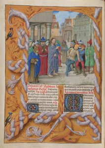 Temporal (1ª parte: do Primeiro Domingo do Advento ao Sábado Santo).
Cristo expulsando um demónio mudo (Terceiro Domingo da Quaresma). Fronteira e duas colunas de texto, com iniciais.