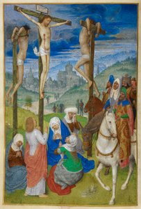 A Crucificação. Horas da Cruz. Cristo na cruz entre os dois ladrões, com várias figuras; três a cavalo. São João de pé, e a Virgem e Três Marias sentadas, ao pé da cruz. Uma vista de Jerusalém no fundo.