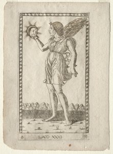 Gênio do Sol do Tarocchi, série B: Princípios e Virtudes Cósmicas, nº 31, antes de 1467. de Master of the E Series Tarocchi