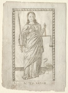 Justiça do Tarocchi, série B: Princípios e Virtudes Cósmicas, nº 37, antes de 1467. de Master of the E Series Tarocchi