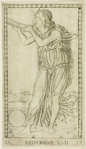 Melpomene, prato dezessete de Apolo e as Musas de Master of the E Series Tarocchi